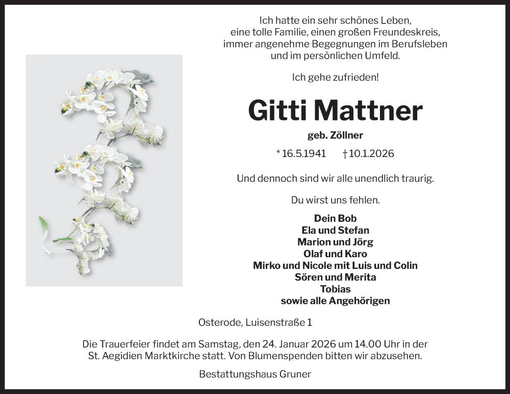  Traueranzeige für Gitti Mattner vom 17.01.2026 aus Harz Kurier