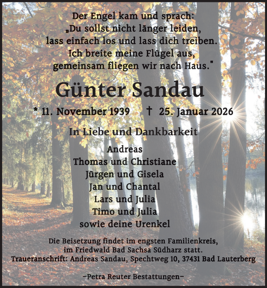  Traueranzeige für Günter Sandau vom 31.01.2026 aus Harz Kurier