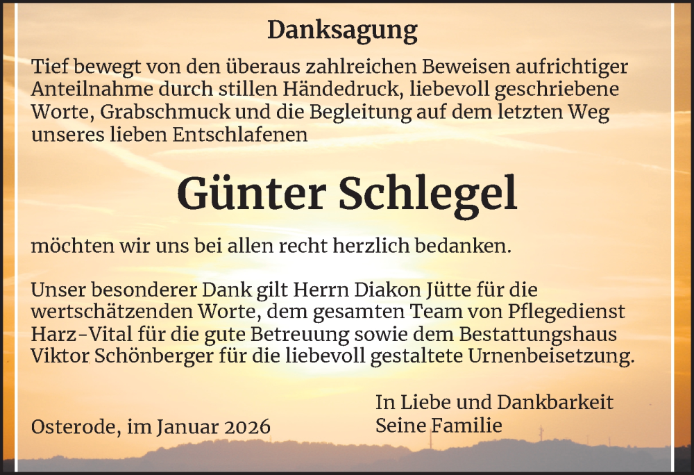  Traueranzeige für Günter Schlegel vom 24.01.2026 aus Harz Kurier