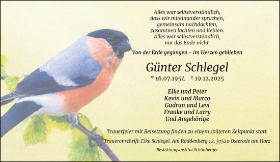 Traueranzeige von Günter Schlegel von Harz Kurier