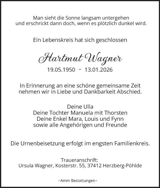 Traueranzeige von Hartmut Wagner von Harz Kurier