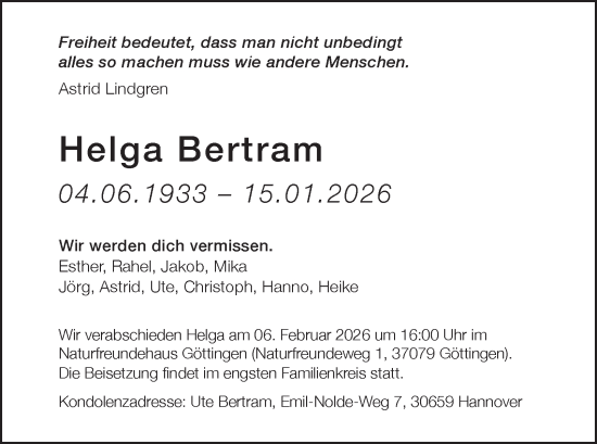 Traueranzeige von Helga Bertram von Harz Kurier