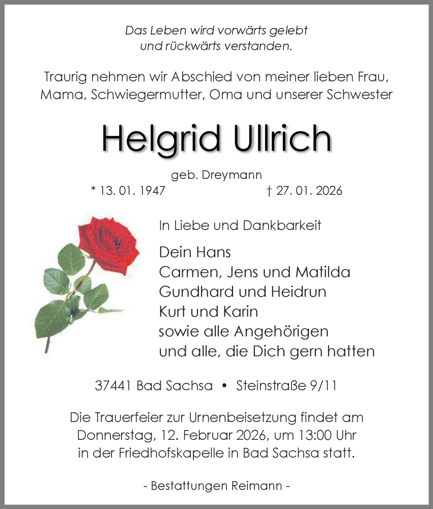  Traueranzeige für Helgrid Ullrich vom 31.01.2026 aus Harz Kurier