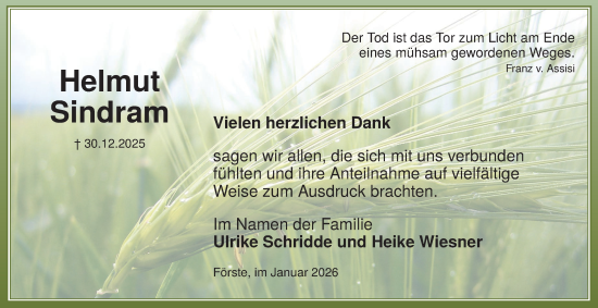Traueranzeige von Helmut Sindram von Harz Kurier