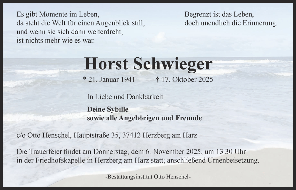  Traueranzeige für Horst Schwieger vom 30.10.2025 aus Harz Kurier
