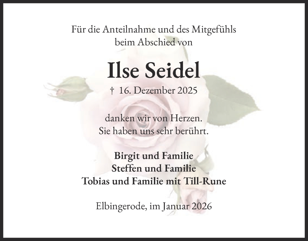  Traueranzeige für Ilse Seidel vom 17.01.2026 aus Harz Kurier