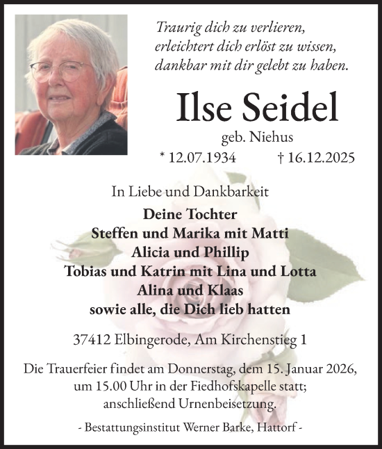 Traueranzeige von Ilse Seidel von Harz Kurier