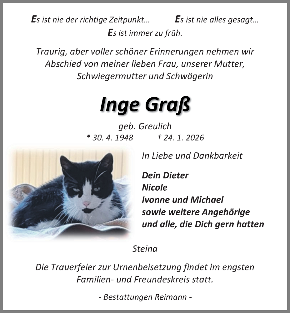  Traueranzeige für Inge Graß vom 31.01.2026 aus Harz Kurier