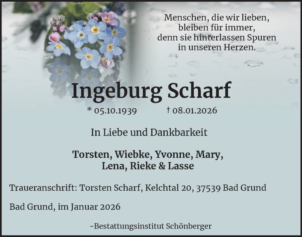  Traueranzeige für Ingeburg Scharf vom 17.01.2026 aus Harz Kurier