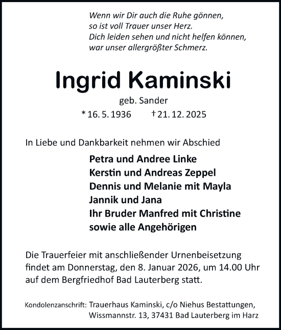 Traueranzeige von Ingrid Kaminski von Harz Kurier