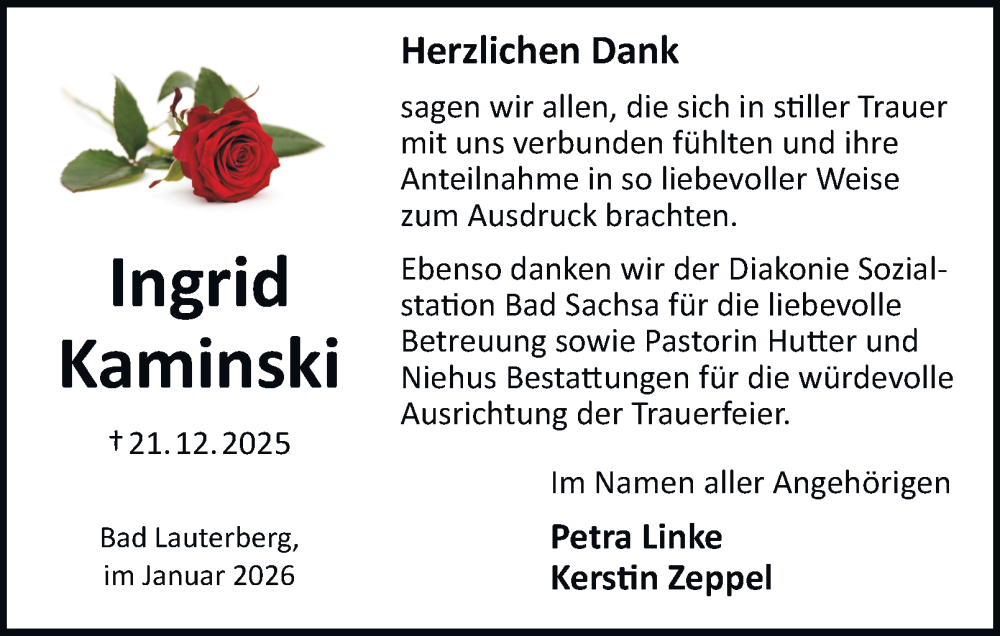  Traueranzeige für Ingrid Kaminski vom 24.01.2026 aus Harz Kurier