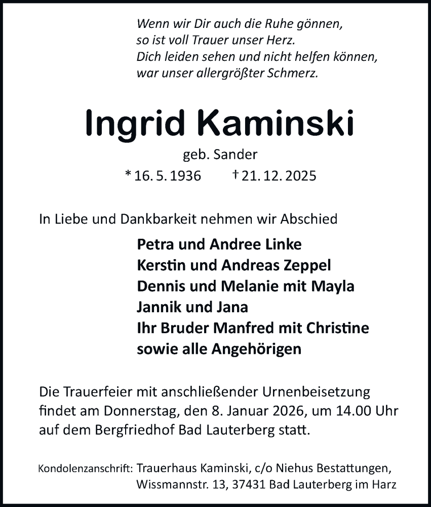  Traueranzeige für Ingrid Kaminski vom 03.01.2026 aus Harz Kurier