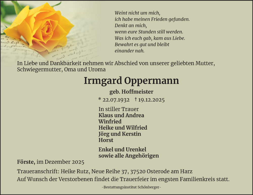  Traueranzeige für Irmgard Oppermann vom 03.01.2026 aus Harz Kurier