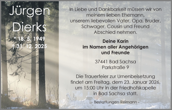 Traueranzeige von Jürgen Dierks von Harz Kurier