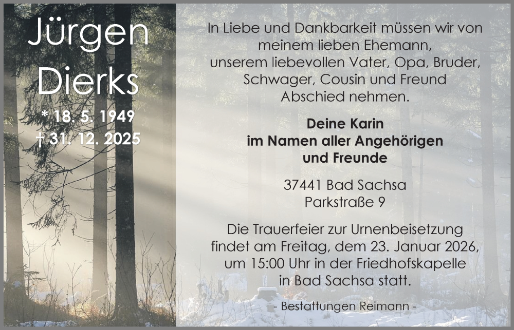  Traueranzeige für Jürgen Dierks vom 10.01.2026 aus Harz Kurier