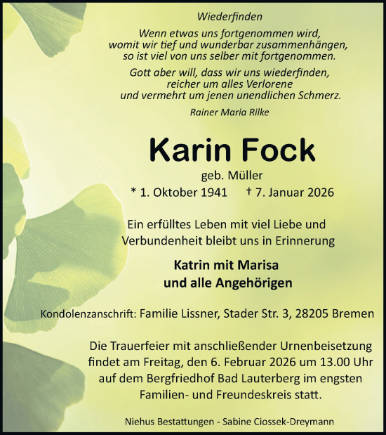 Traueranzeige von Karin Fock von Harz Kurier