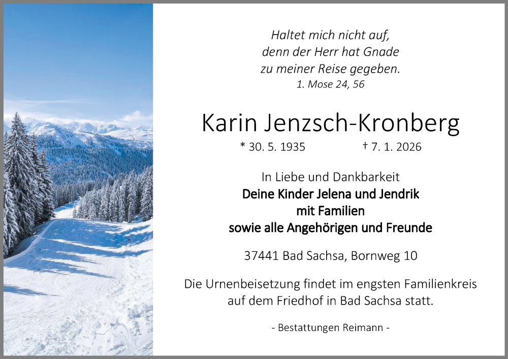  Traueranzeige für Karin Jenzsch-Kronberg vom 10.01.2026 aus Harz Kurier