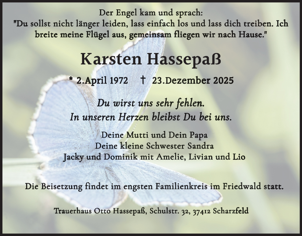  Traueranzeige für Karsten Hassepaß vom 05.01.2026 aus Harz Kurier