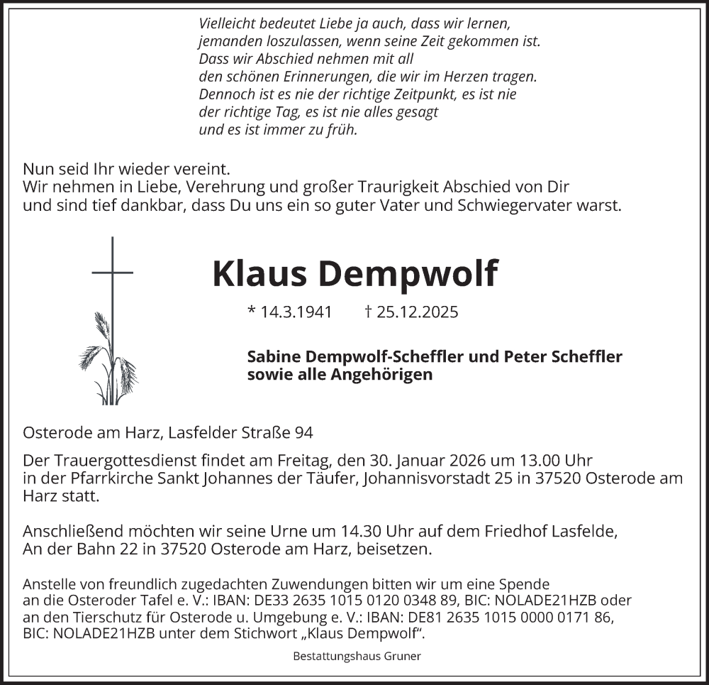  Traueranzeige für Klaus Dempwolf vom 24.01.2026 aus Harz Kurier