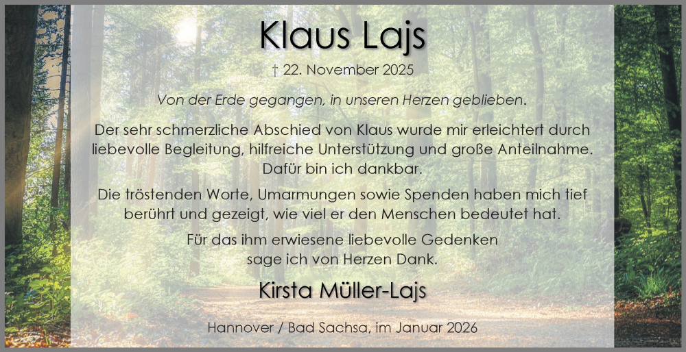  Traueranzeige für Klaus Lajs vom 10.01.2026 aus Harz Kurier