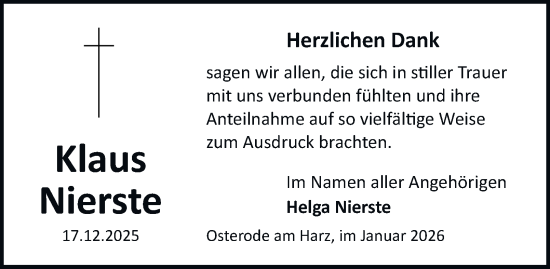 Traueranzeige von Klaus Nierste von Harz Kurier