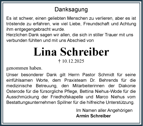 Traueranzeige von Lina Schreiber von Harz Kurier