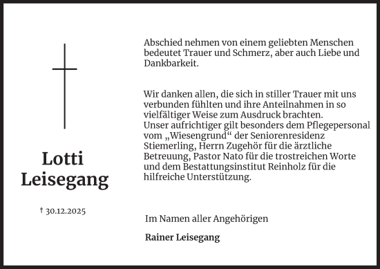 Traueranzeige von Lotti Leisegang von Harz Kurier
