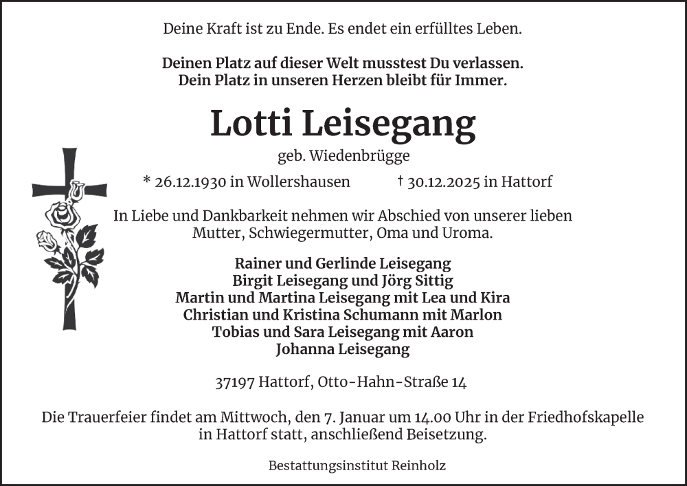  Traueranzeige für Lotti Leisegang vom 03.01.2026 aus Harz Kurier