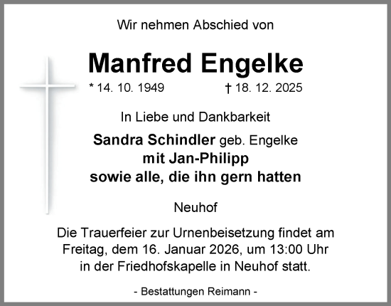 Traueranzeige von Manfred Engelke von Harz Kurier