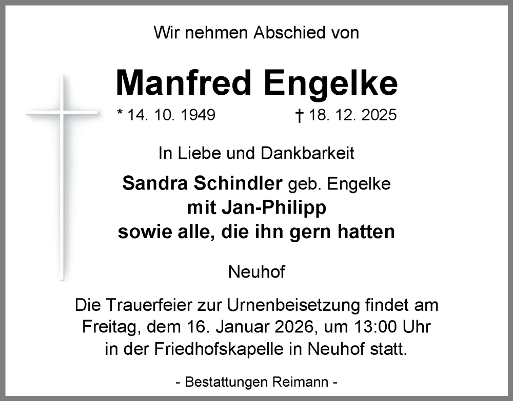  Traueranzeige für Manfred Engelke vom 03.01.2026 aus Harz Kurier