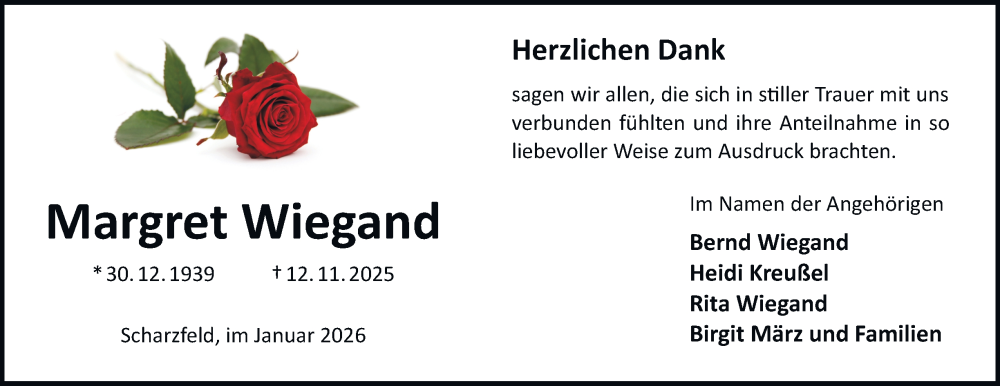  Traueranzeige für Margret Wiegand vom 03.01.2026 aus Harz Kurier