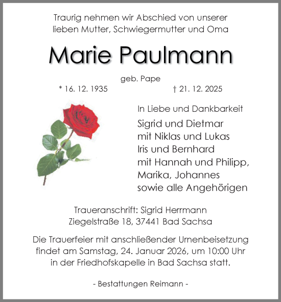 Traueranzeige von Marie Paulmann von Harz Kurier