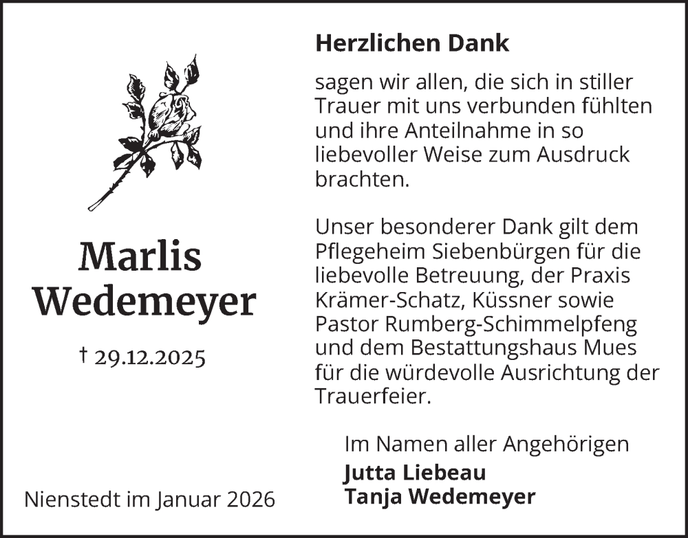  Traueranzeige für Marlis Wedemeyer vom 31.01.2026 aus Harz Kurier