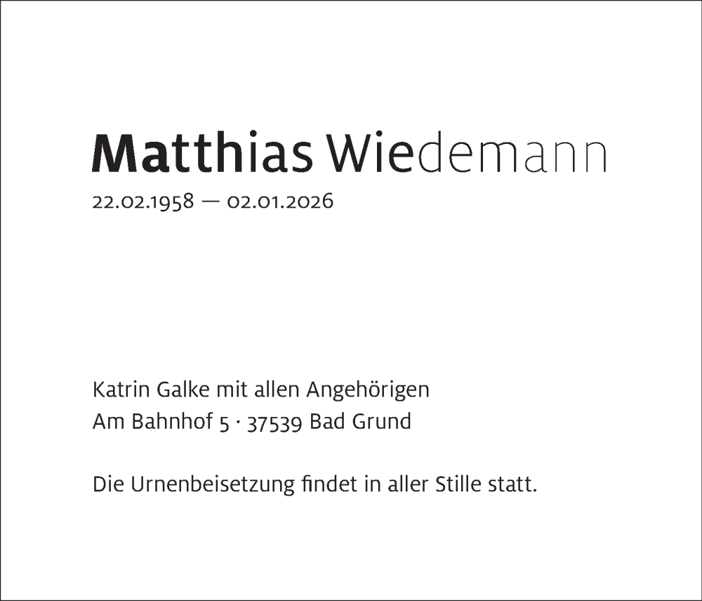  Traueranzeige für Matthias Wiedemann vom 17.01.2026 aus Harz Kurier