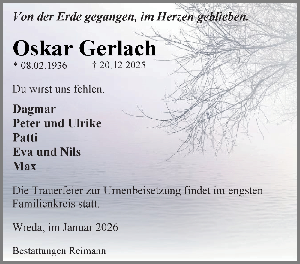  Traueranzeige für Oskar Gerlach vom 10.01.2026 aus Harz Kurier