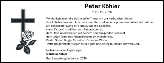 Traueranzeige von Peter Köhler von Harz Kurier