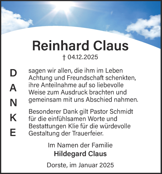 Traueranzeige von Reinhard Claus von Harz Kurier