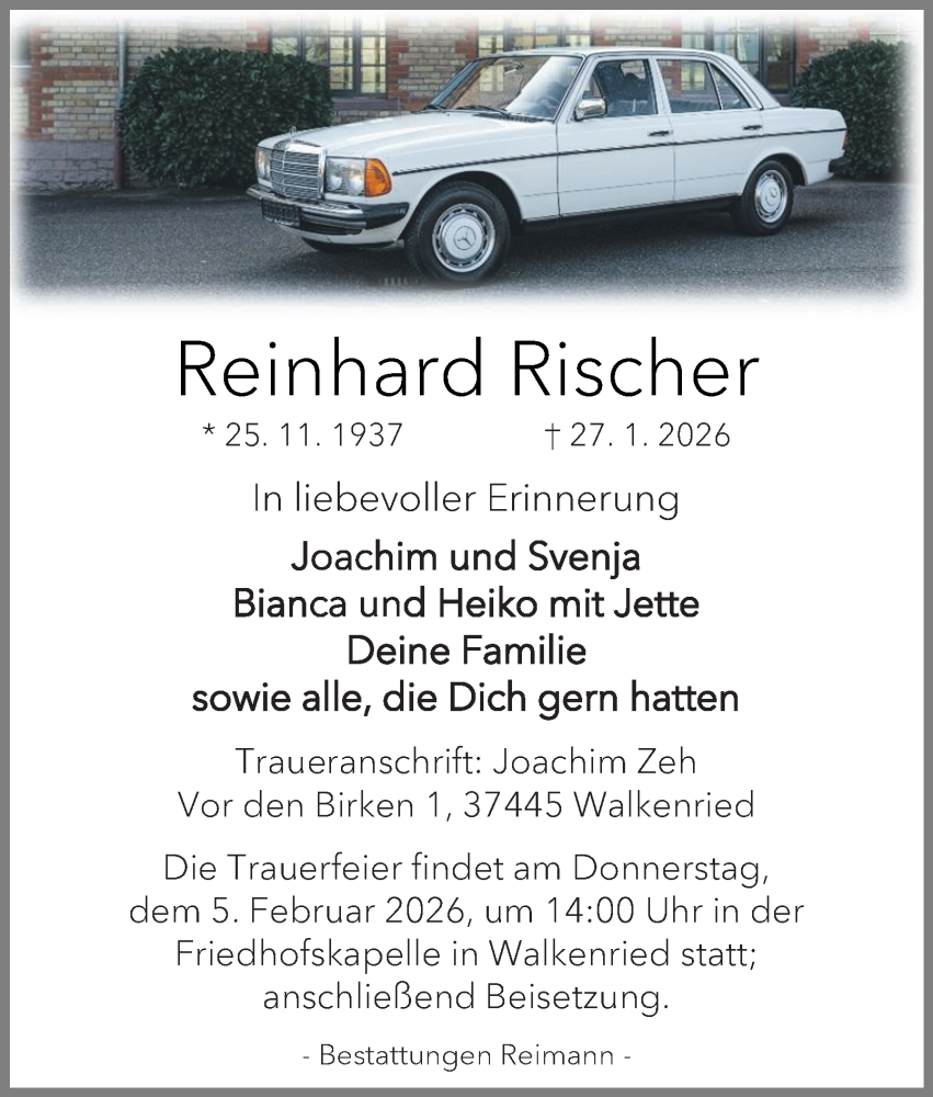  Traueranzeige für Reinhard Rischer vom 31.01.2026 aus Harz Kurier