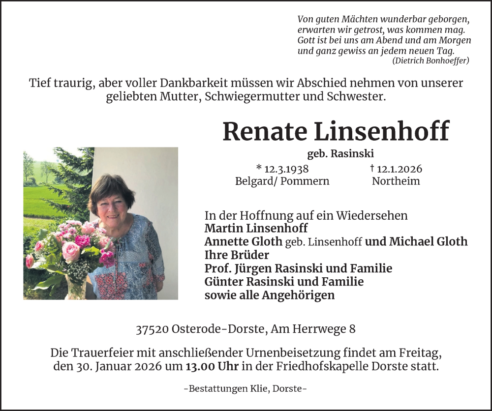  Traueranzeige für Renate Linsenhoff vom 24.01.2026 aus Harz Kurier