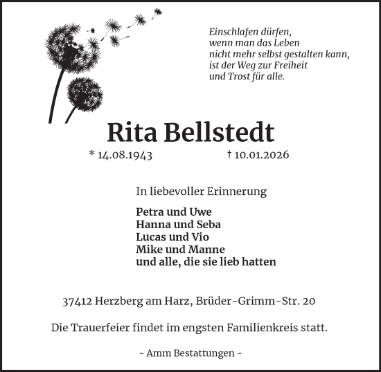 Traueranzeige von Rita Bellstedt von Harz Kurier