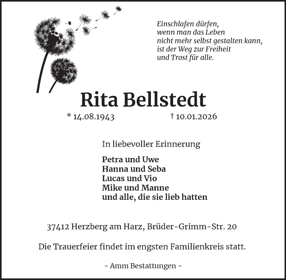 Traueranzeige für Rita Bellstedt vom 16.01.2026 aus Harz Kurier