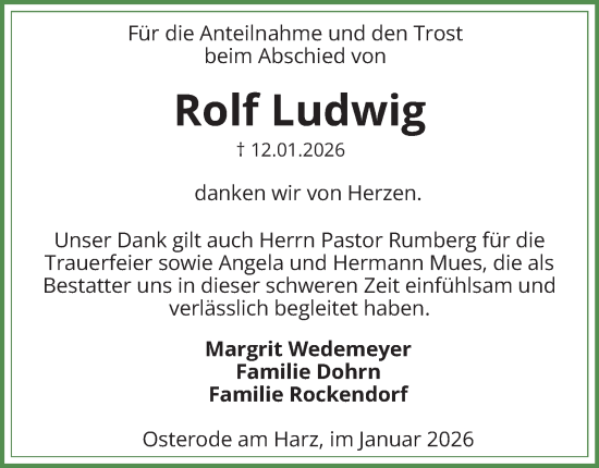 Traueranzeige von Rolf Ludwig von Harz Kurier
