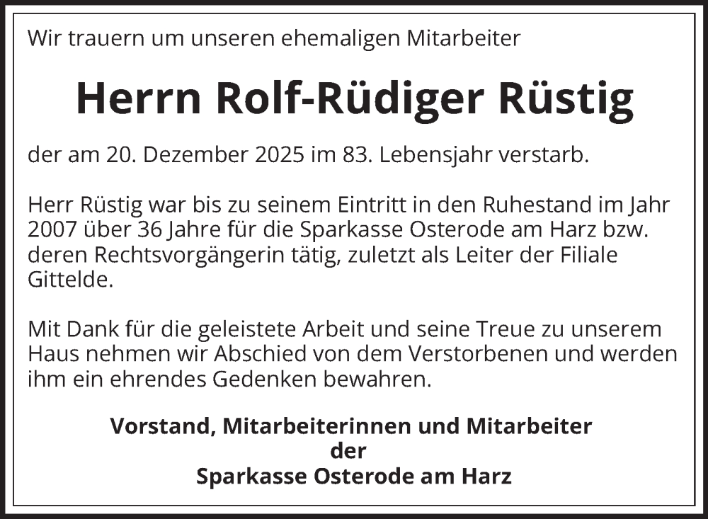  Traueranzeige für Rolf-Rüdiger Rüstig vom 10.01.2026 aus Harz Kurier