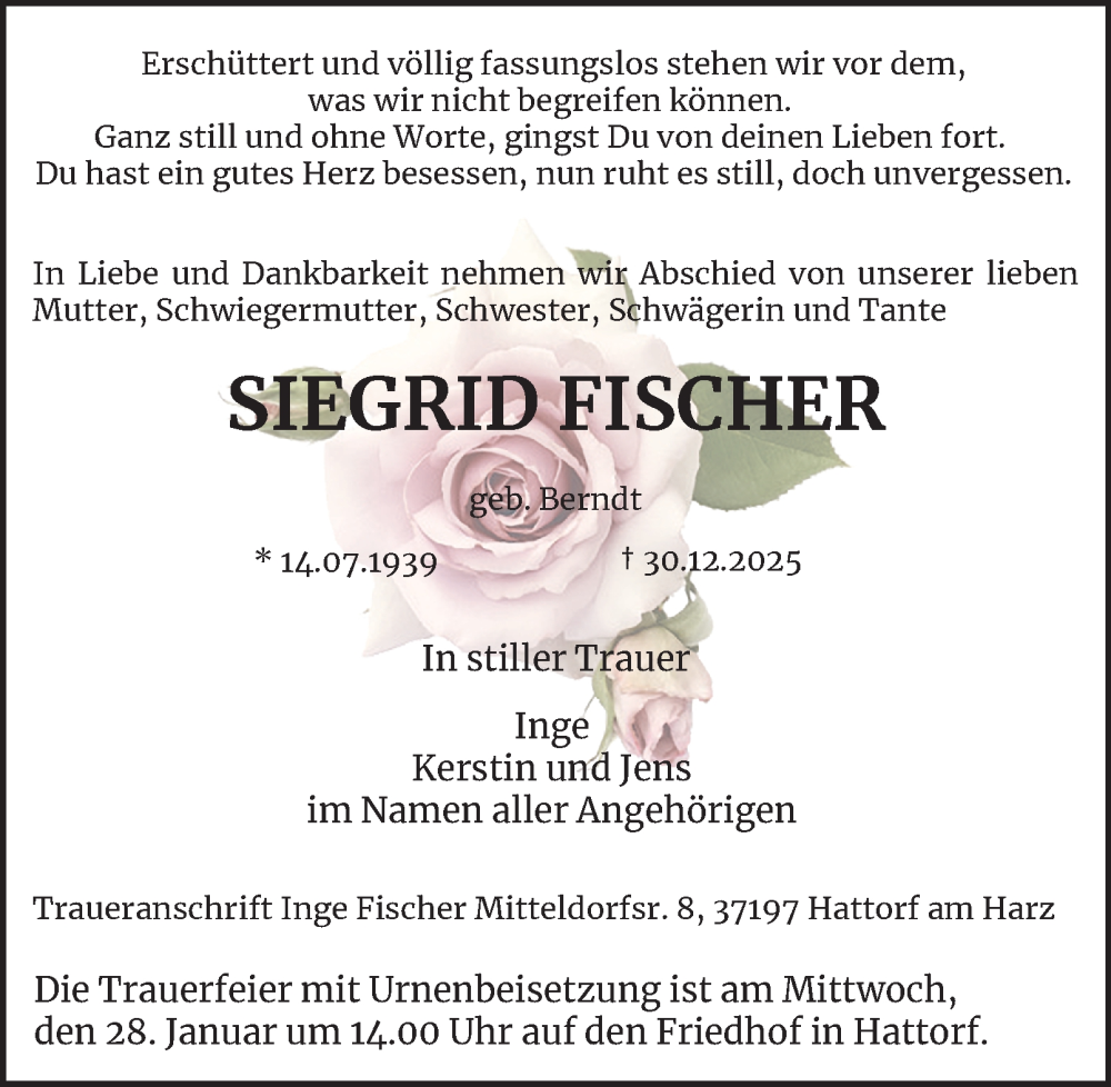  Traueranzeige für Siegrid Fischer vom 24.01.2026 aus Harz Kurier