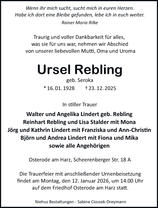 Traueranzeige von Ursel Rebling von Harz Kurier