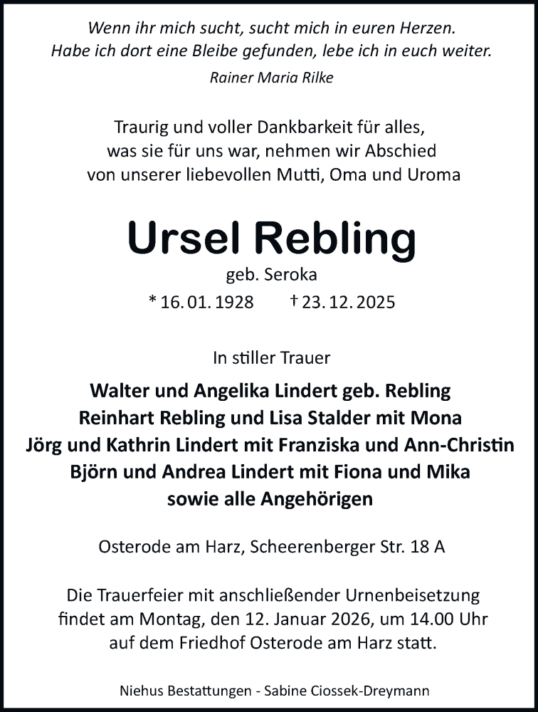  Traueranzeige für Ursel Rebling vom 03.01.2026 aus Harz Kurier