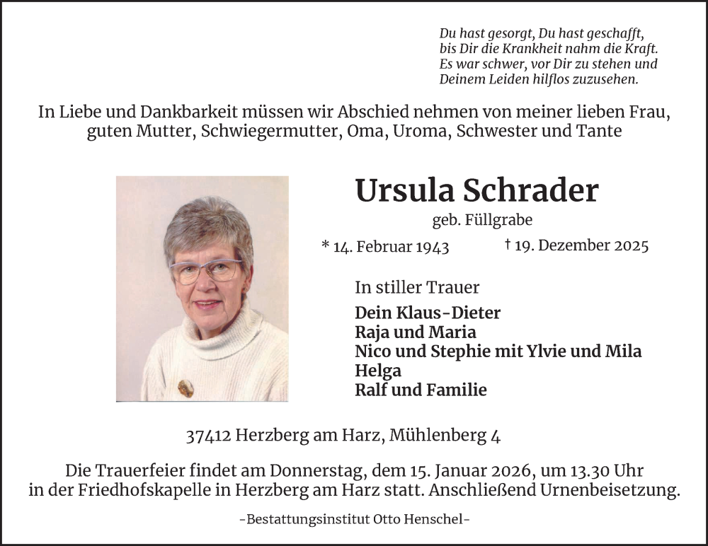  Traueranzeige für Ursula Schrader vom 03.01.2026 aus Harz Kurier