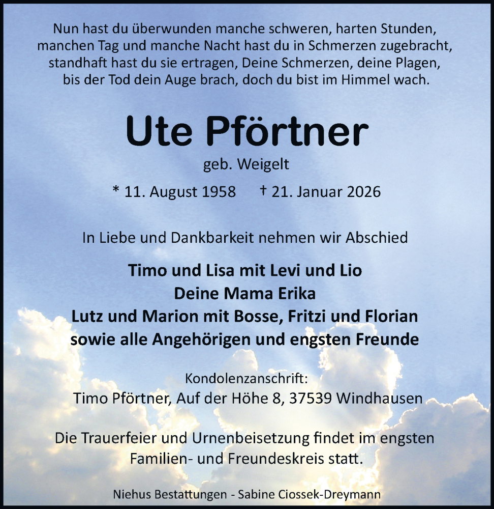  Traueranzeige für Ute Pförtner vom 31.01.2026 aus Harz Kurier