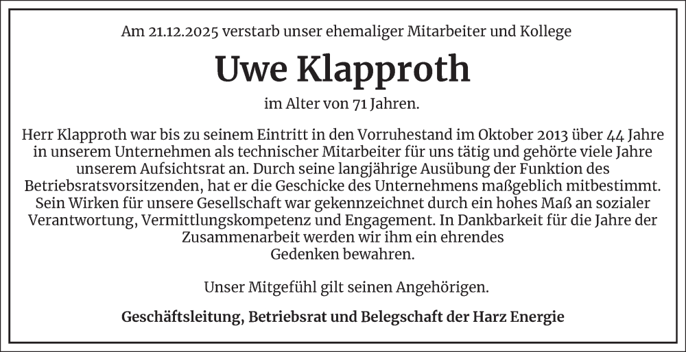  Traueranzeige für Uwe Klapproth vom 10.01.2026 aus Harz Kurier