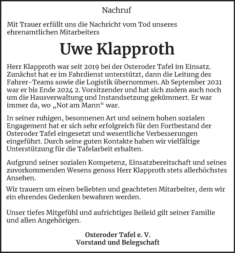  Traueranzeige für Uwe Klapproth vom 16.01.2026 aus Harz Kurier